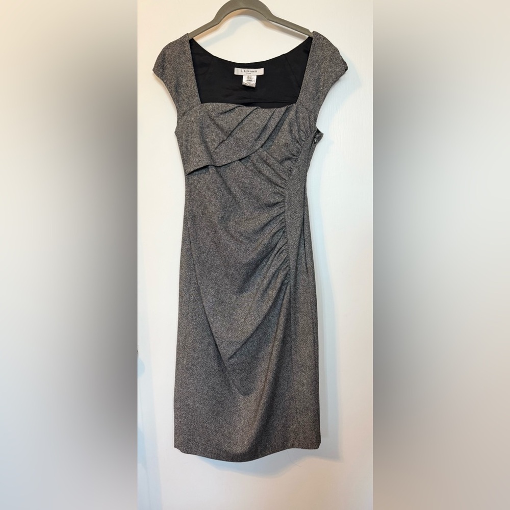 LK Bennett Gray Tweed Style 100% Wool Ruched Office Business Midi Dress- Size 2 - Picture 2 of 7